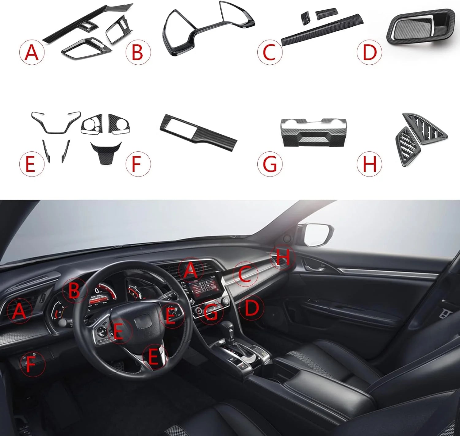 Interior Dashboard Trim Kit Carbon Fiber Pattern for Honda Civic 2016-2021 P199462