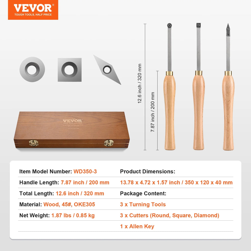 Lathe Chisel Set 3PCS Wood Turning Tools Carbide Steel S38644