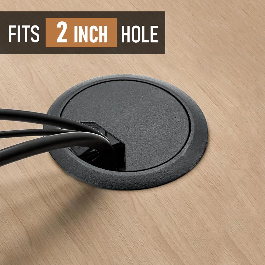 Desk Grommet Hole Cover Organizer for Computer Wires, Black Plastic, 2-Pack Y260