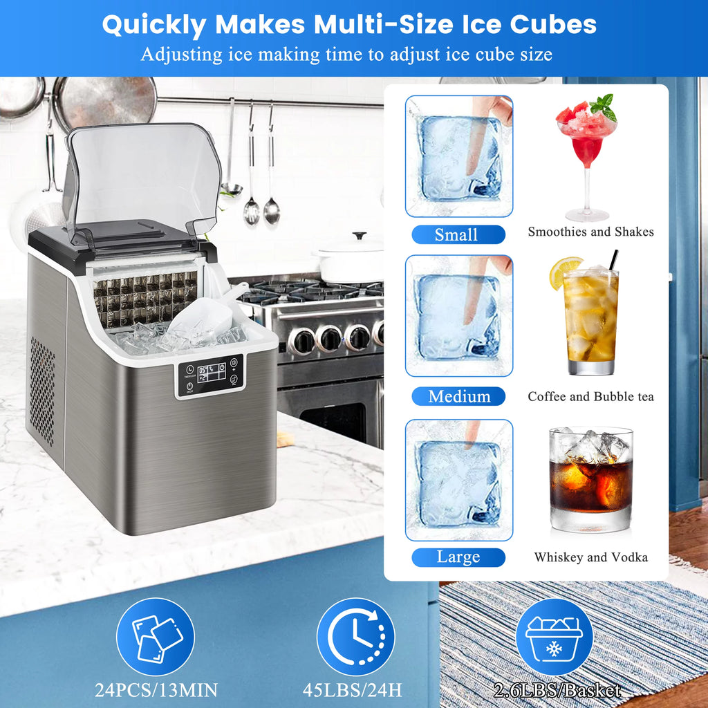Countertop Ice Maker, 3 Ice Cube Sizes, Stainless Steel U1983
