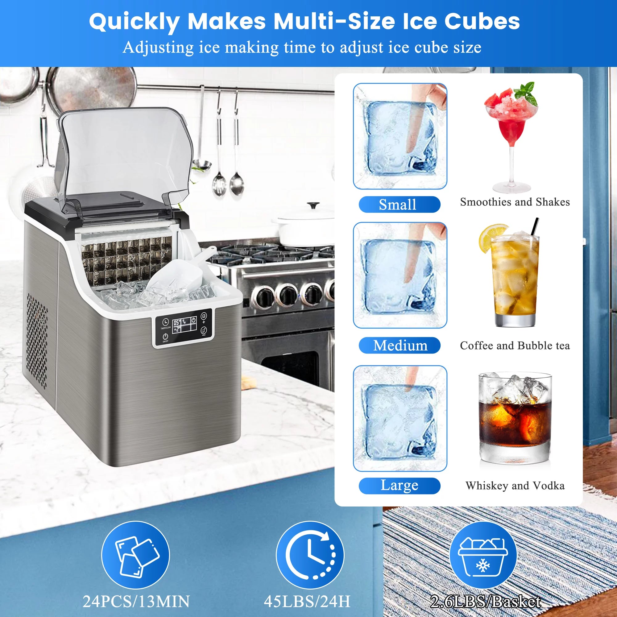 Countertop Ice Maker, 3 Ice Cube Sizes, Stainless Steel U1983