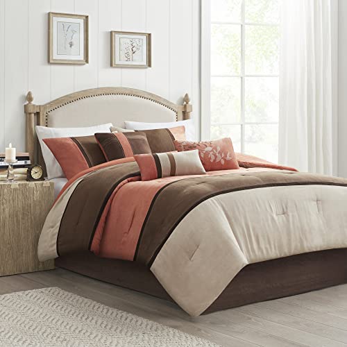 Madison Park Palisades Comforter Set Modern Faux Suede Pieced Stripe Design, All Season Down Alternative Cozy Bedding with Matching Shams, Decorative Pillows, Queen(90"x90"), Brown 7 Piece
