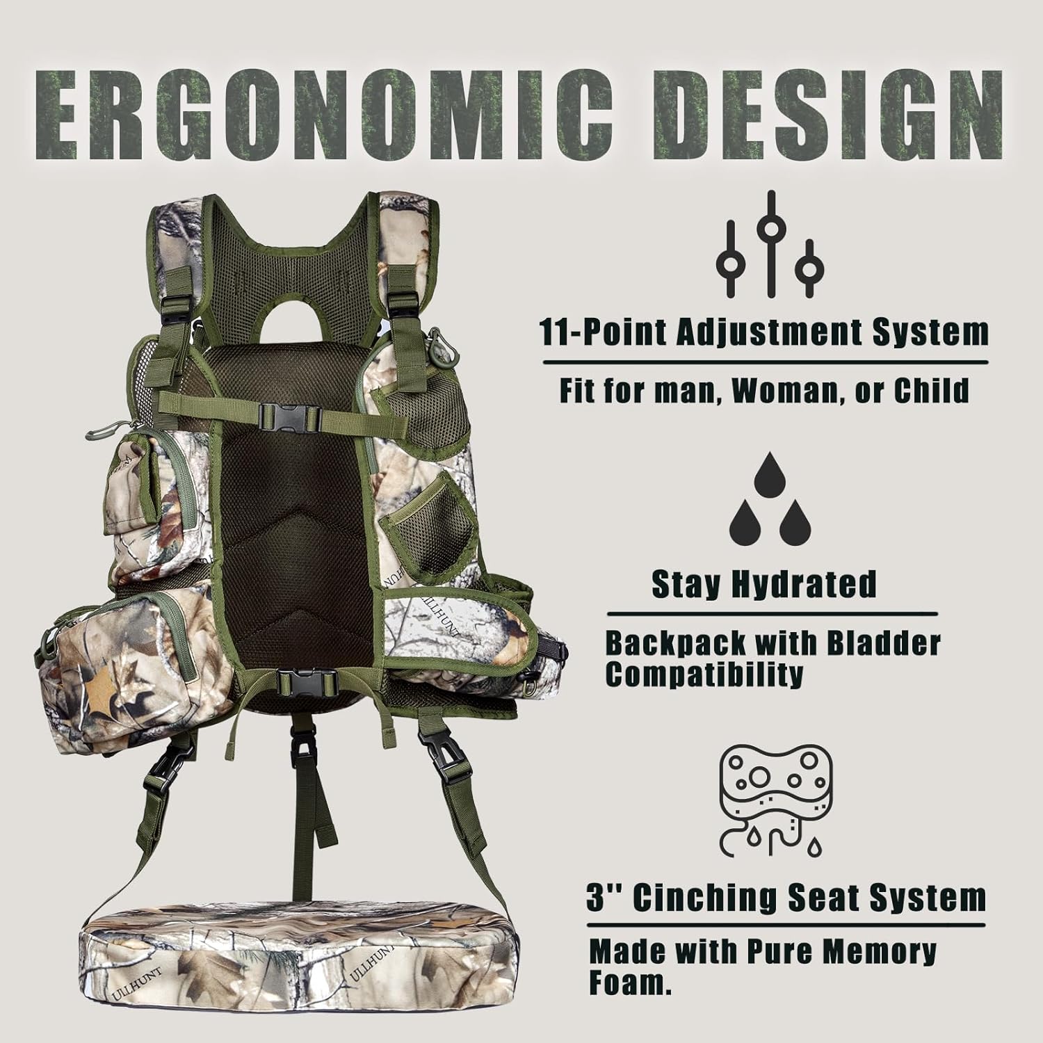 Turkey Hunting Vest with Magnetic Seat Cushion, Lightweight and Silent N3537