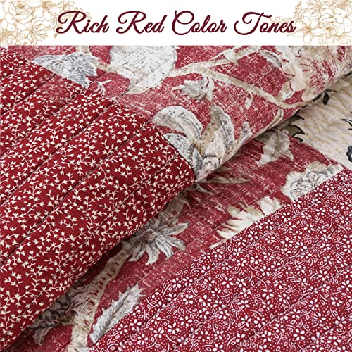 Red Navy Blue Brown Floral Print Reversible Cotton Coverlet Bedding Set, King 3 Piece O650917