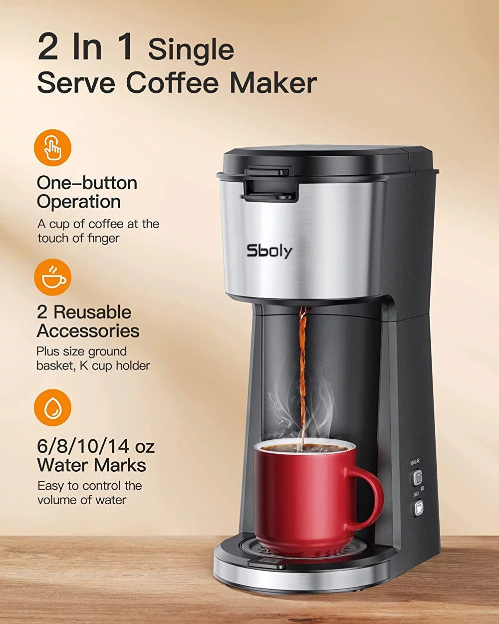 Single Serve Coffee Maker for K Cup & Ground Coffee, Bold Brew, 6 to 14 oz, Black W202930