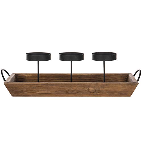 Black Metal Candle Holder with Wood Tray T207407
