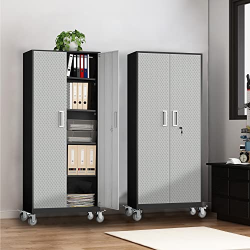Tall Metal Garage Storage Cabinet, 72" Tool Storage Cabinet Utility Locker with Wheels, Adjustable Shelves & Locking Doors- Pantry Cabinets for Kitchen, Classroom, Bathroom, Basement Organization