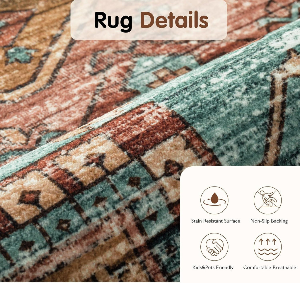 Washable Vintage Area Rug for Living Room, Non-Slip Low Pile, 8x10 N895