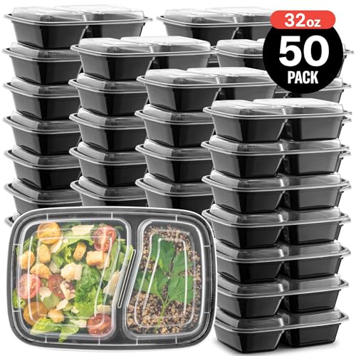 50-Pack Reusable Meal Prep Containers with Lids, 32 oz, 2 Compartment, BPA Free P405690