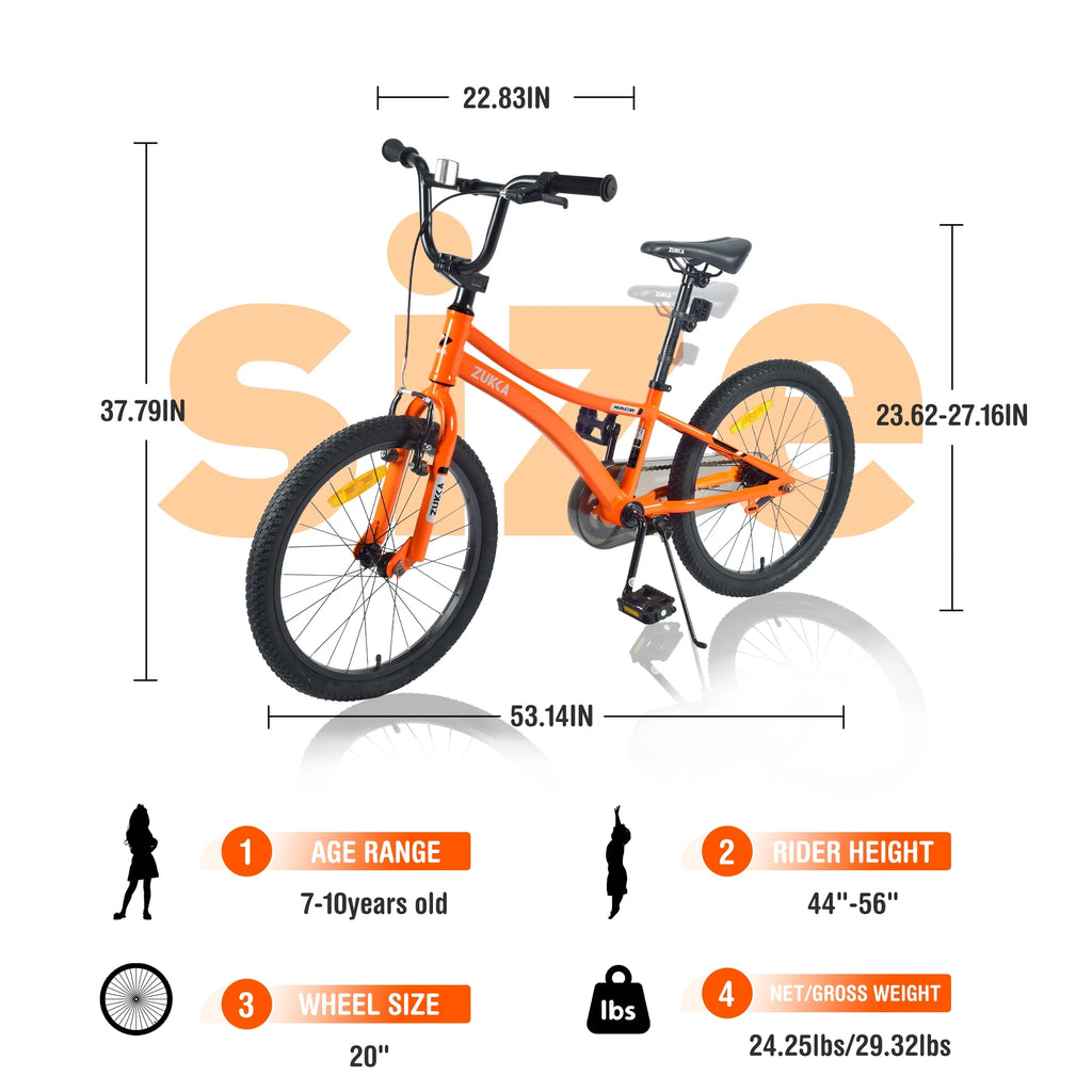 20 Inch Boys Bike for Kids Ages 7-10, Single Speed, Steel Frame, Orange J207351