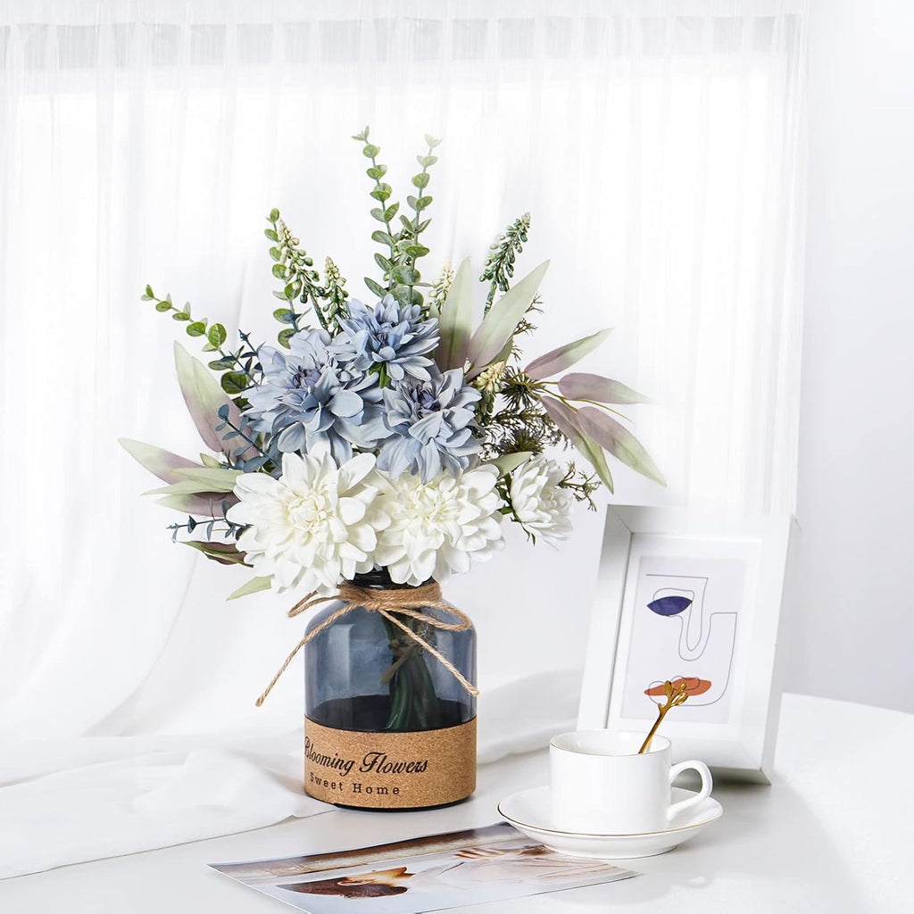 Fake Blue White Dahlia Flowers with Glass Vase Silk Arrangement T605