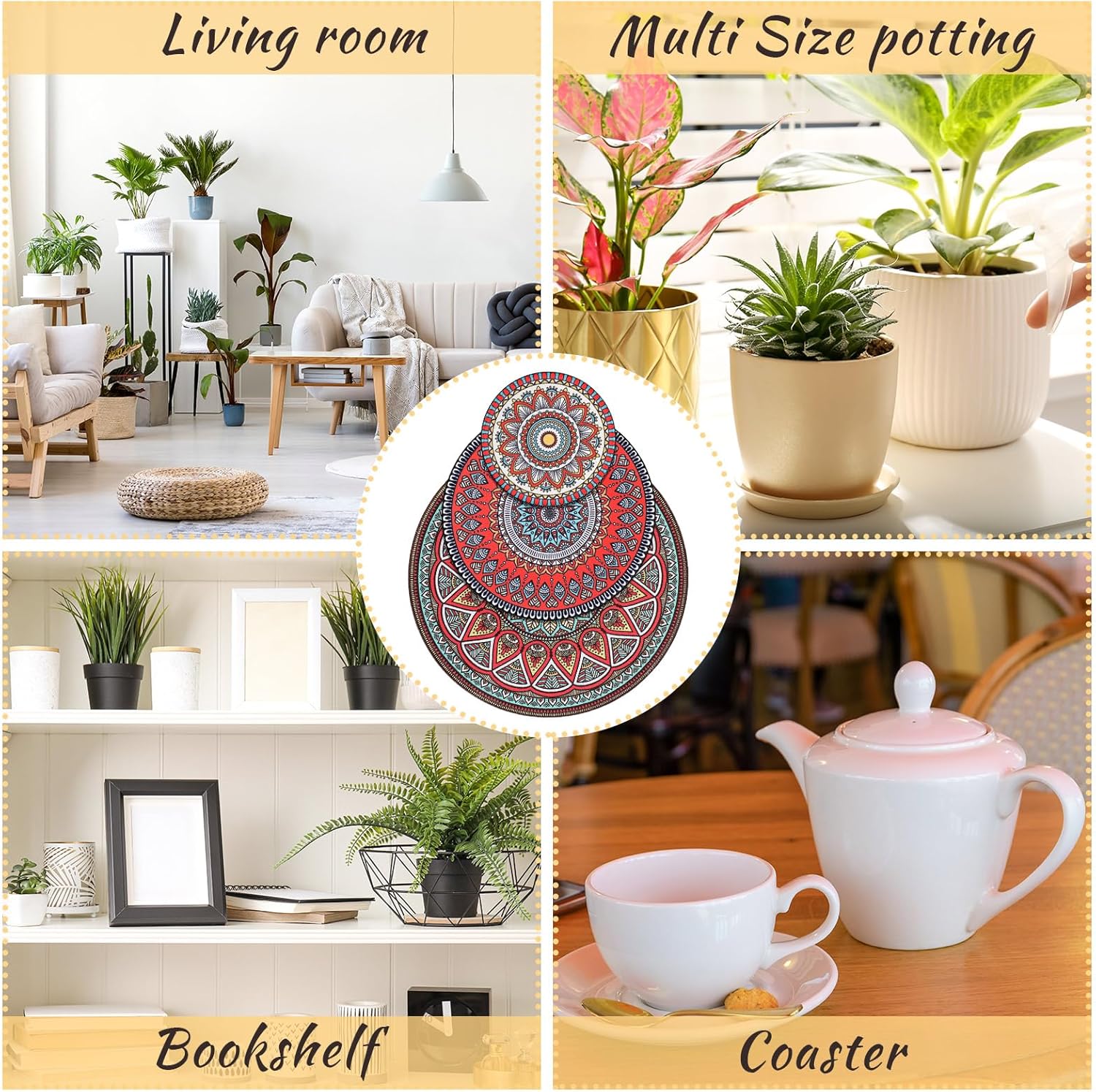 6 Pcs Boho Plant Pot Mat 3 Sizes Absorbent Non Slip Round Coaster for Indoor Outdoor Gardening F97102