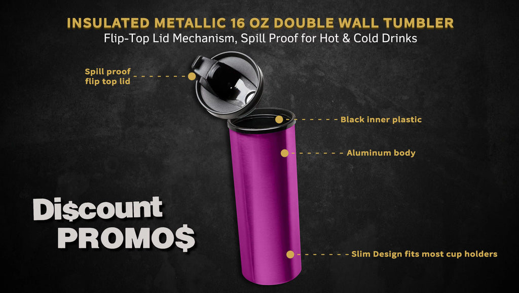 16 oz Double Wall Tumbler with Flip-Top Lid, Spill Proof, Purple, 10 Pack J244743