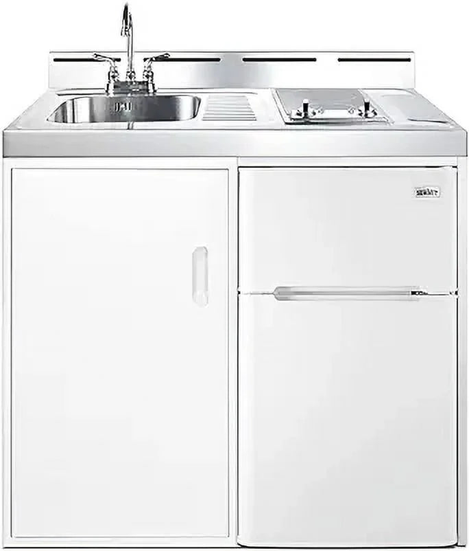 39 inch wide all-in-one kitchenette with 2-burner 115V smooth-top cooktop, refrigerator-freezer, sink, and storage cabinet