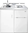 39 inch wide all-in-one kitchenette with 2-burner 115V smooth-top cooktop, refrigerator-freezer, sink, and storage cabinet
