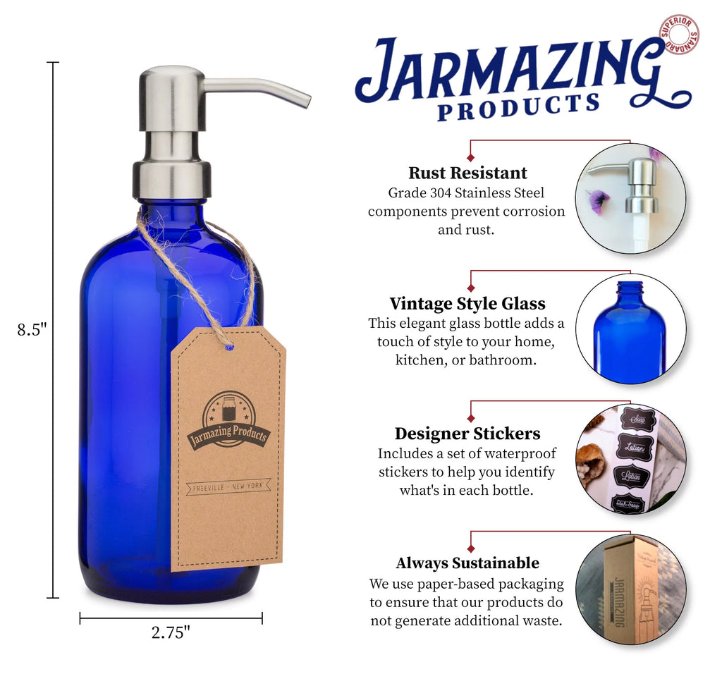 Blue Glass Pump Dispenser for Soap and Lotion, 2 Pack P317960