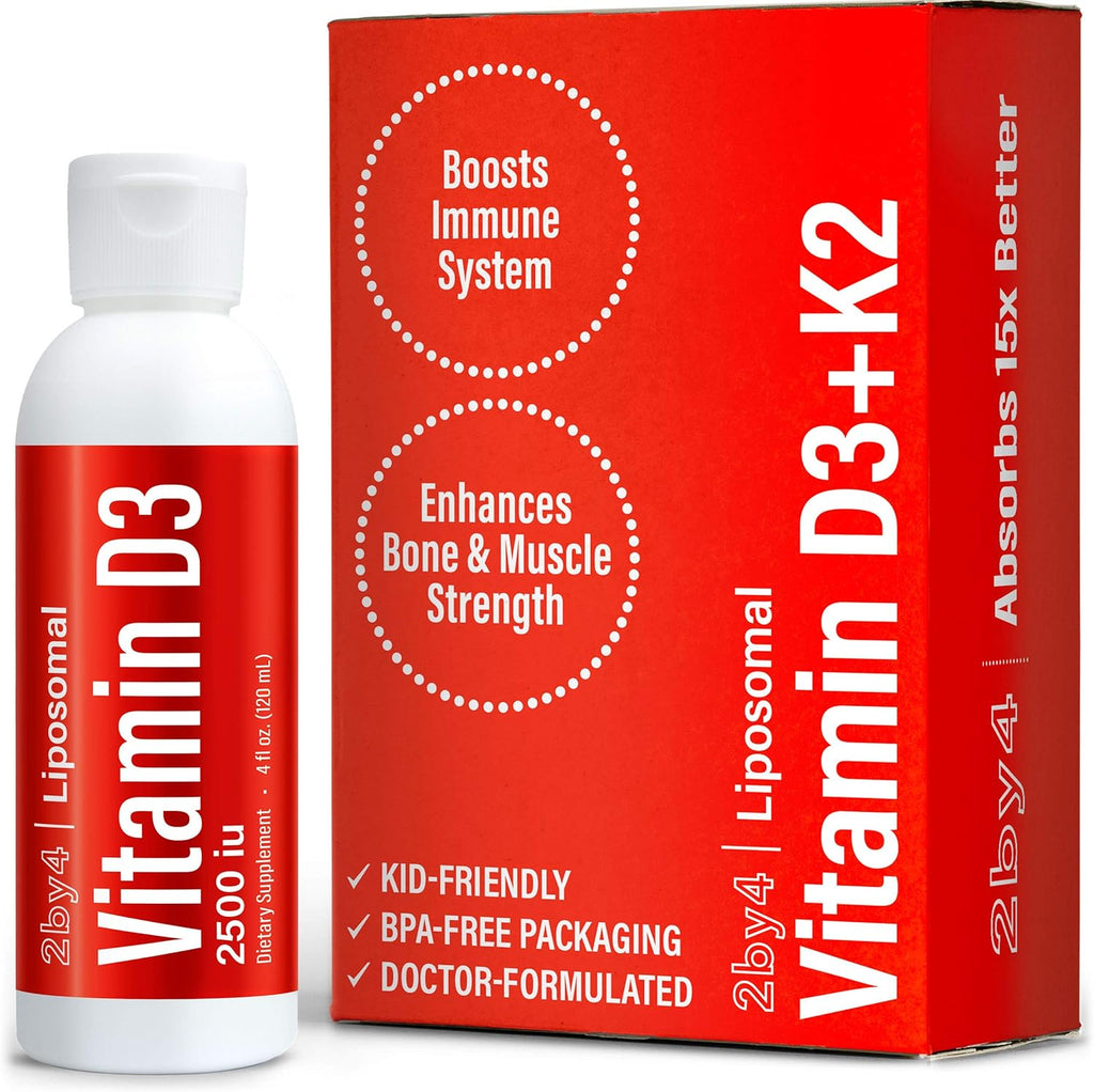 2by4 Liquid Vitamin D3 with K2 High Absorption Liposomal Immune Support Supplement 2,500 IU, Supports Heart and Bone Health, Non-GMO, 60 Servings, 4 fl oz