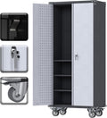 Metal Storage Cabinet with Pegboard and Wheels, Metal Utility Cabinets for Garage, Kitchen, Office Basement, Assembly Required