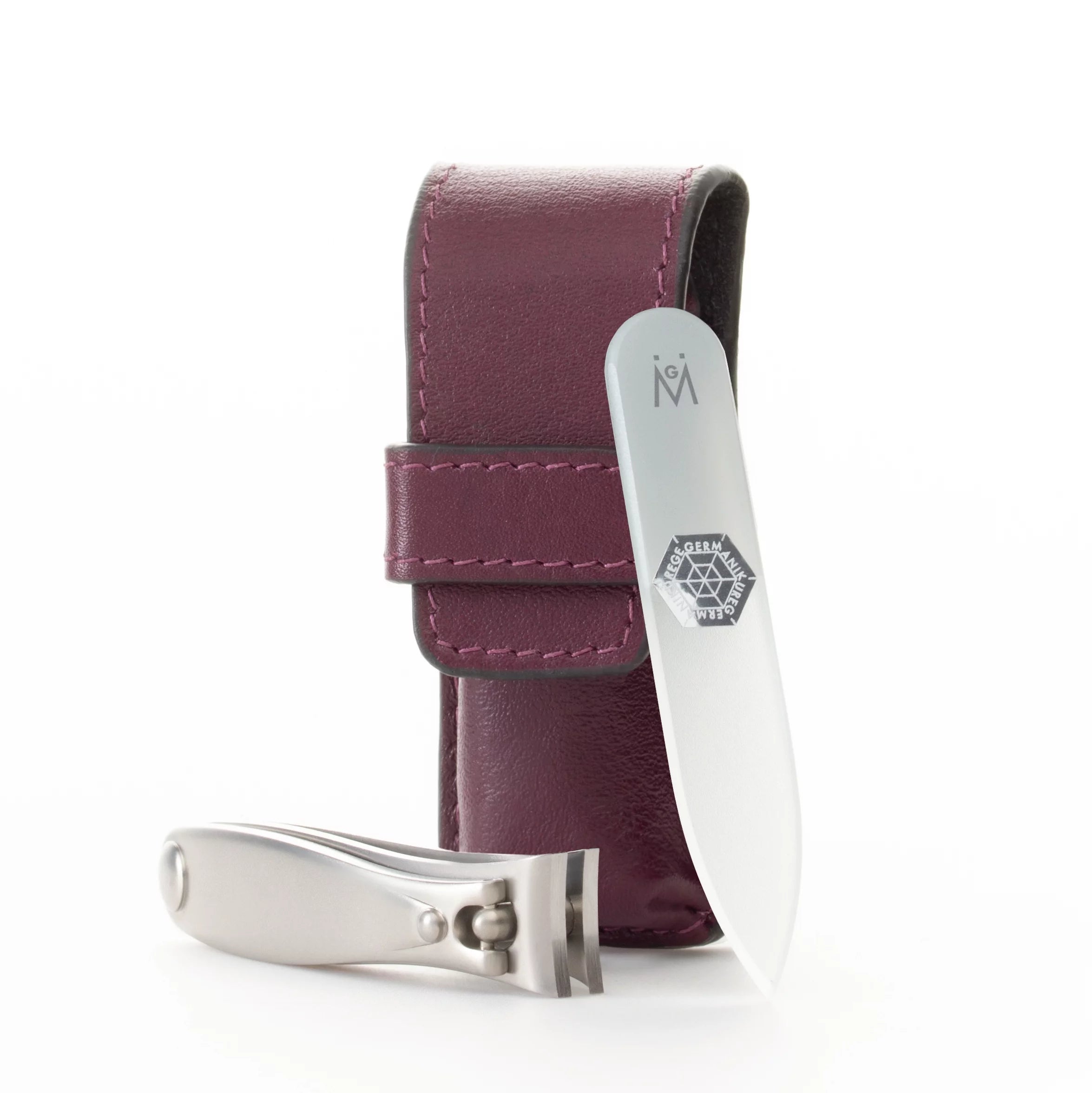 GERMANIKURE Nail clipper and Glass Nail File Set in Purple Leather Case - Made in Solingen Germany of FINOX Stainless Steel, Glass Nail Care Supplies Made in Czech Republic
