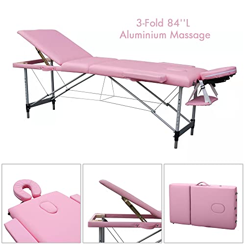 Portable Massage Bed, 84in Folding Aluminum Frame, Lightweight Spa Beauty Bed (Pink) W94516