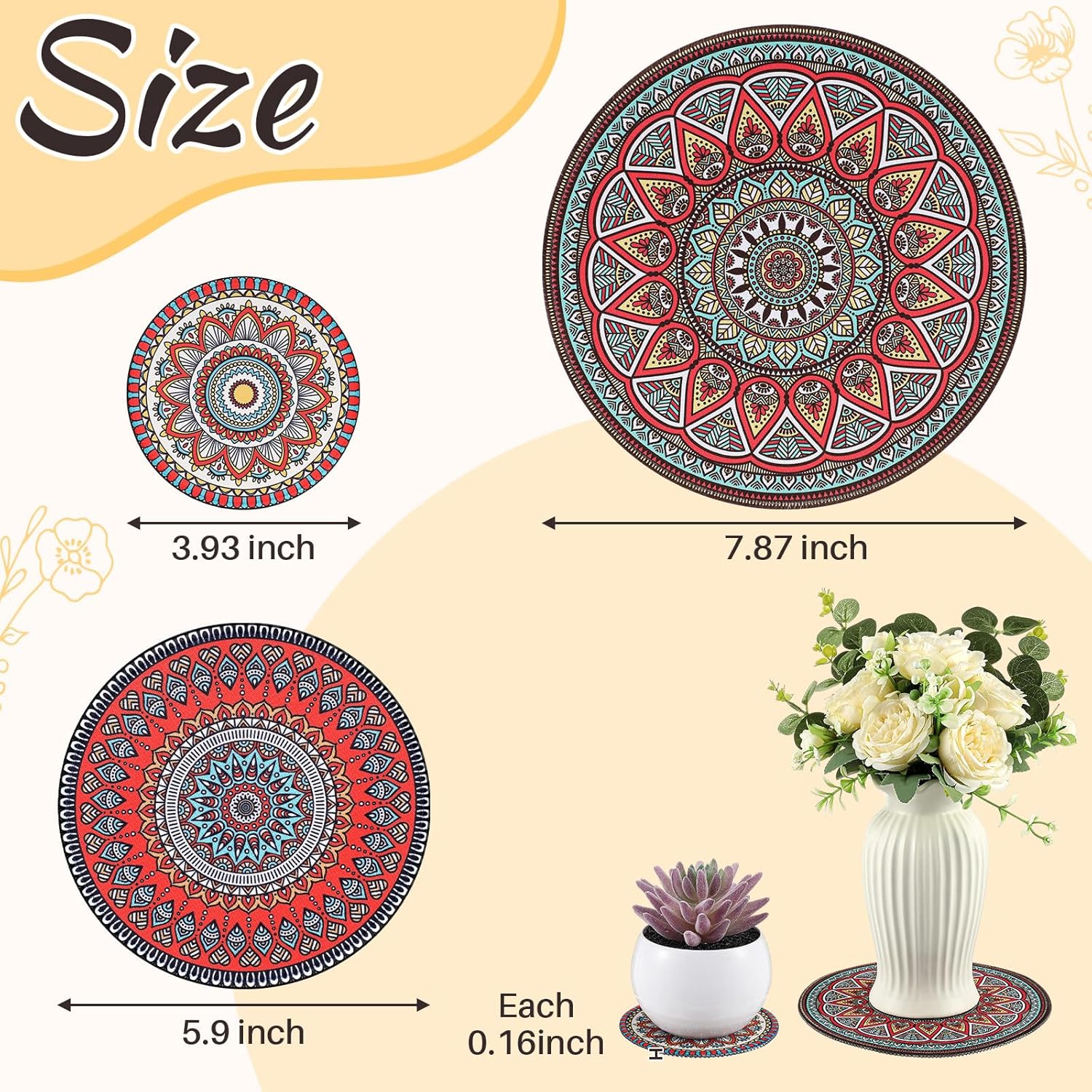6 Pcs Boho Plant Pot Mat 3 Sizes Absorbent Non Slip Round Coaster for Indoor Outdoor Gardening F97102