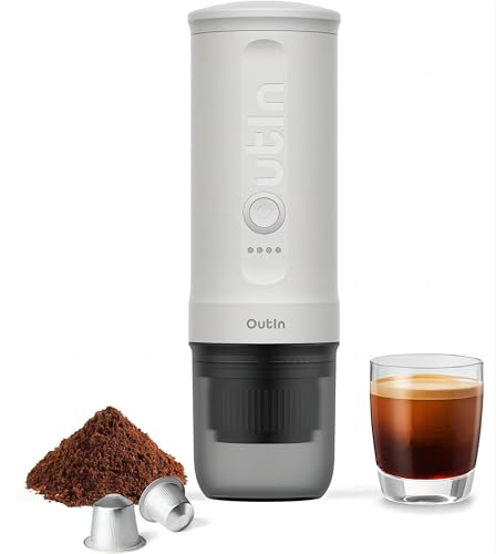 Outin Nano Portable Electric Espresso Machine,Travel Coffee Maker for Camping,Car Coffee Maker Self-Heating with USB-C, 12V, With Ground Coffee & NS Capsule for RV, Hiking, Office