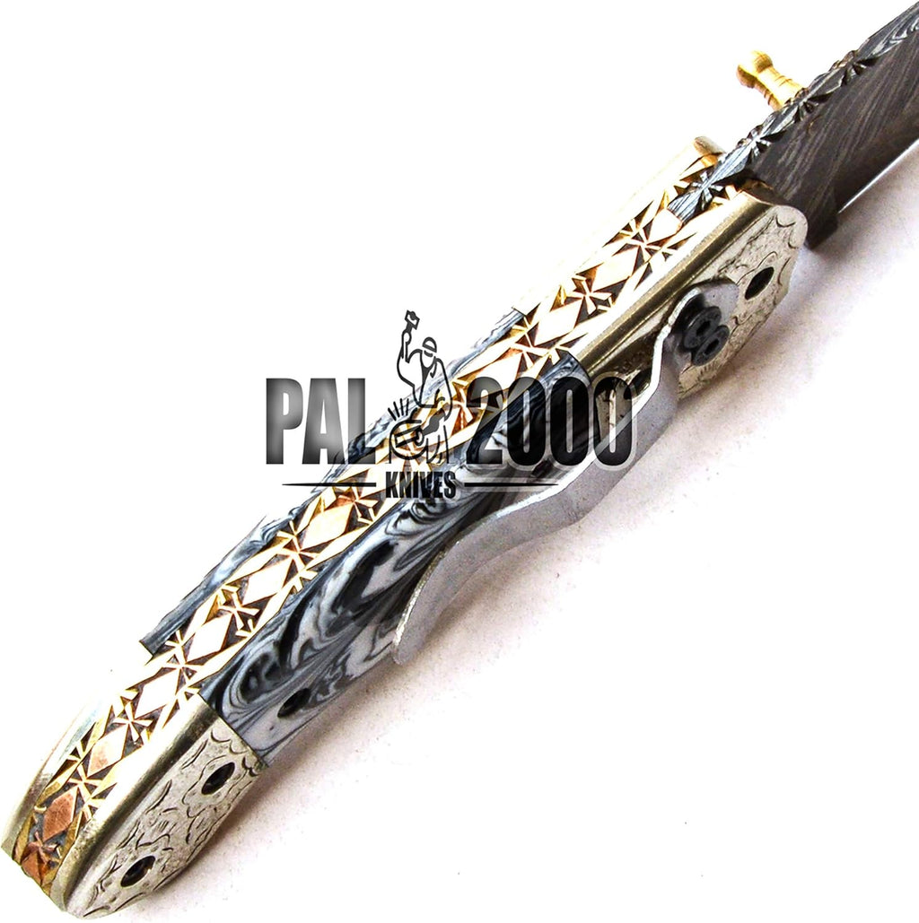 Damascus Steel Folding Pocket Knife with Sheath J237734