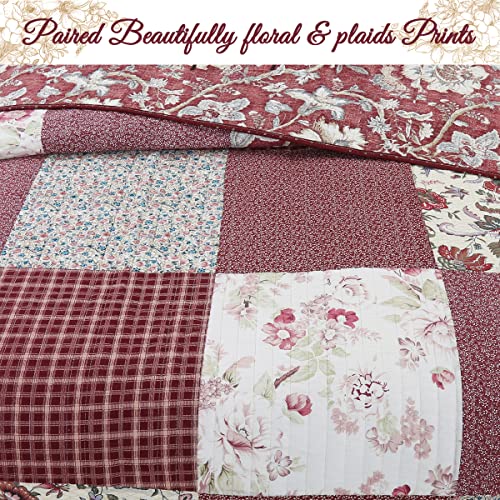 Red Navy Blue Brown Floral Print Reversible Cotton Coverlet Bedding Set, King 3 Piece O650917