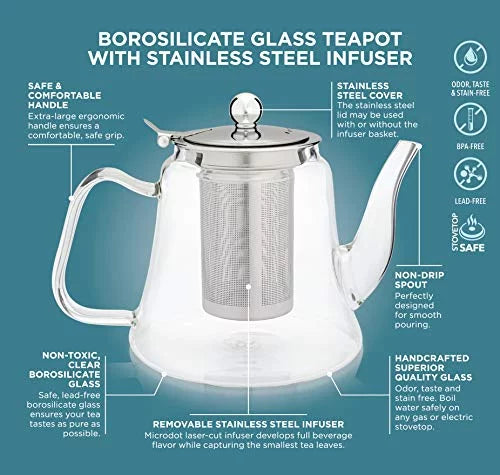 Glass Teapot with Removable Infuser, Stovetop Safe, 40 oz R877