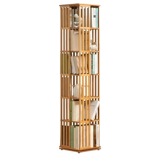 Bamboo 360 Rotating Bookshelf, 6Tier Rotating Bookshelf Tower with Open Design Shelving, Simple Household Bamboo Book Shelf Organizer for Living Room Study Room Office (Color : Wood Color)