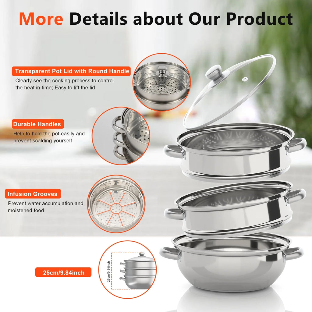 3 Tiers Steamer, 11" Stainless Steel Steaming Pot with Glass Lid G654