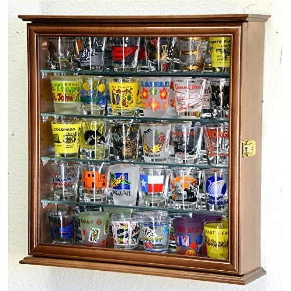 4 Adjustable Shelves Shot Glass Shotglass Shooter Mini Liquor Display Case Cabinet W/Mirror Back -Walnut