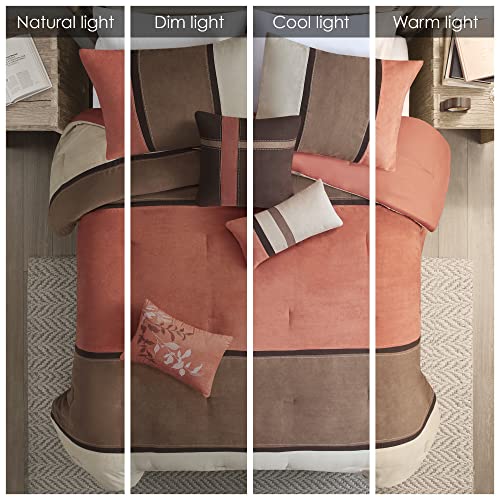 Modern Faux Suede Comforter Set with Stripe Design, Queen, Brown, 7 Piece T450652