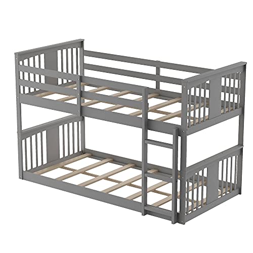 Twin Over Twin Low Bunk Bed with Ladder for Toddlers Kids - White D828