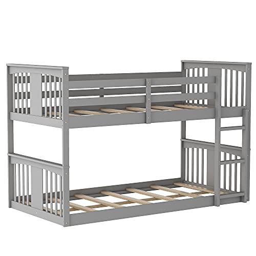 Twin Over Twin Low Bunk Bed with Ladder for Toddlers Kids - White D828