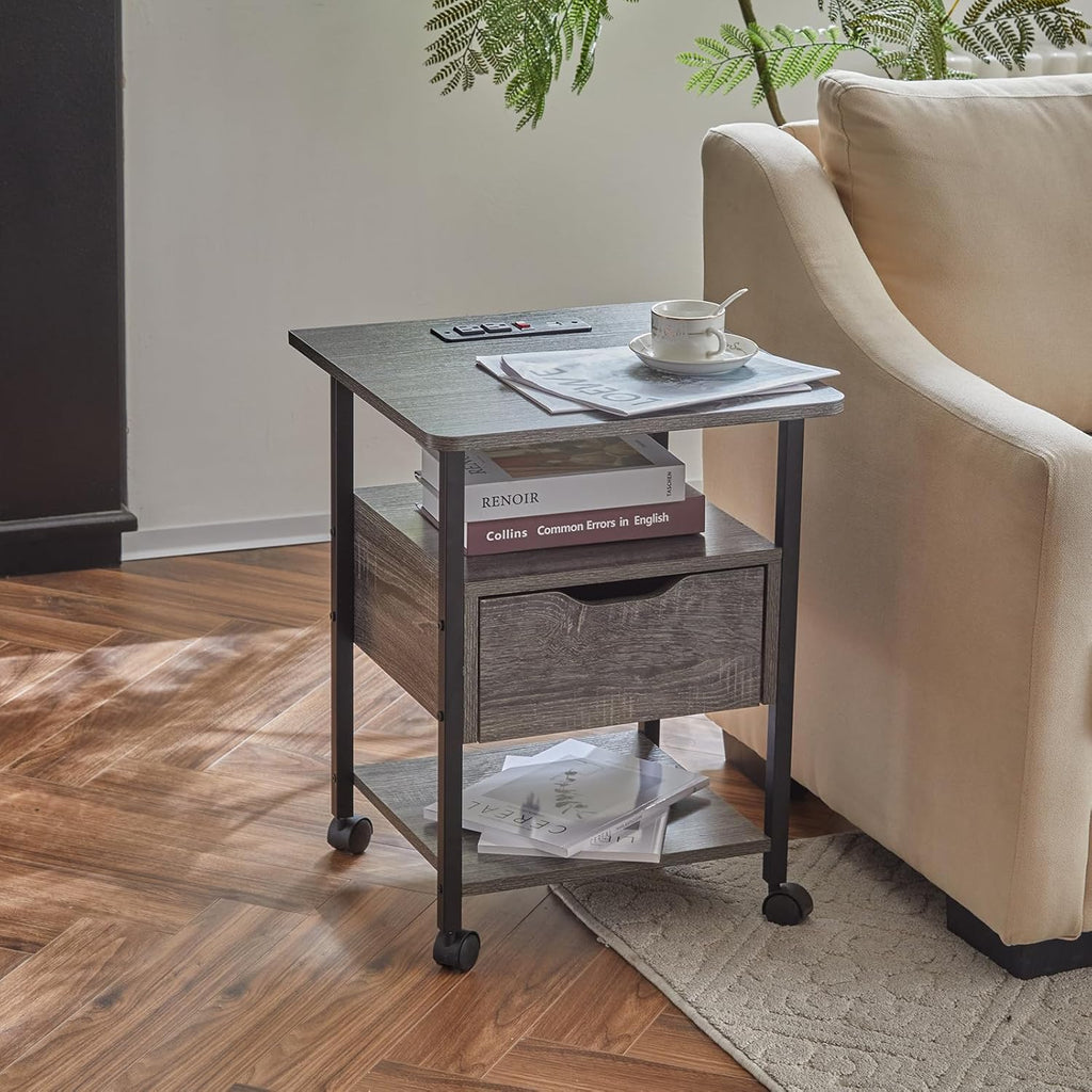 Nightstand Set of 2 with Charging Station, Wheels, and Drawer Y6233
