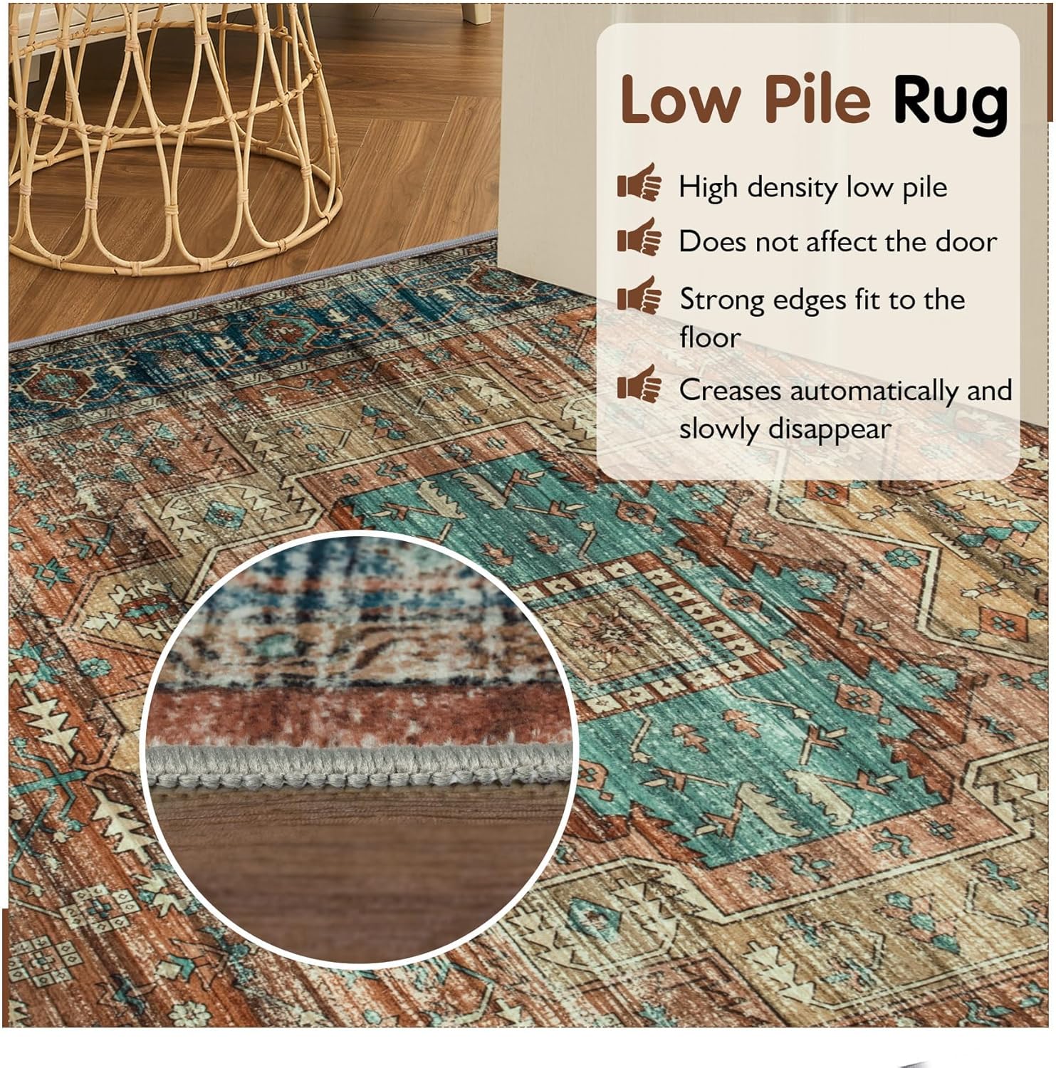Washable Vintage Area Rug for Living Room, Non-Slip Low Pile, 8x10 N895