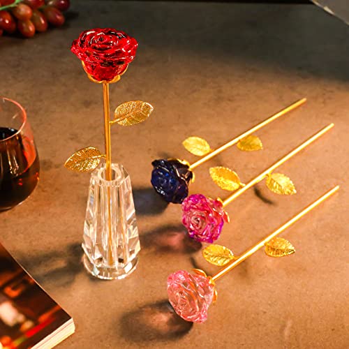 Crystal Pink Rose Flowers Glass Figurine with Vase Home Decor A62950
