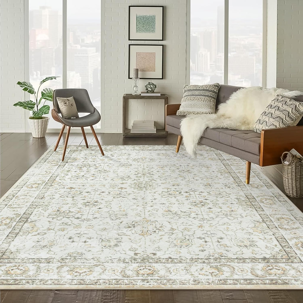 Machine Washable Area Rug 9x12 for Living Room, Non-Slip Beige Boho B91558