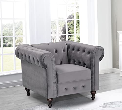 3-Piece Velvet Chesterfield Sofa Set with Couch, Loveseat and Accent Chair, Grey J93016