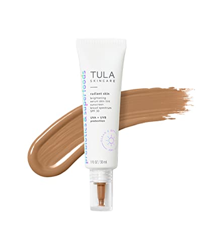 TULA Skin Care Radiant Skin Brightening Serum Skin Tint SPF-Facial Sunscreen Provides Broad Spectrum SPF 30 Protection, Tinted, Serum-Light Formula Brightens and Evens Skin-Shade 10, 1.0 fl oz.