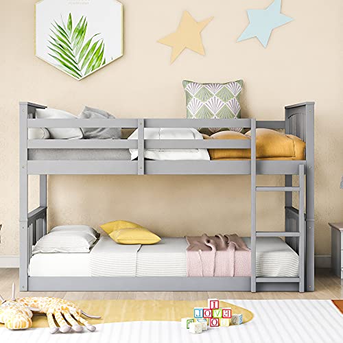 Twin Over Twin Low Bunk Bed with Ladder for Toddlers Kids - White D828