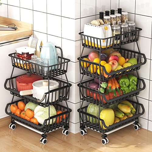 4 Tier Fruit Vegetable Basket for Kitchen, Stackable Fruit and Vegetable Storage Cart,Vegetable Organizer Basket stand Bins Rack for Onions and Potatoes, Metal Wire Storage Baskets with Wheels, Black
