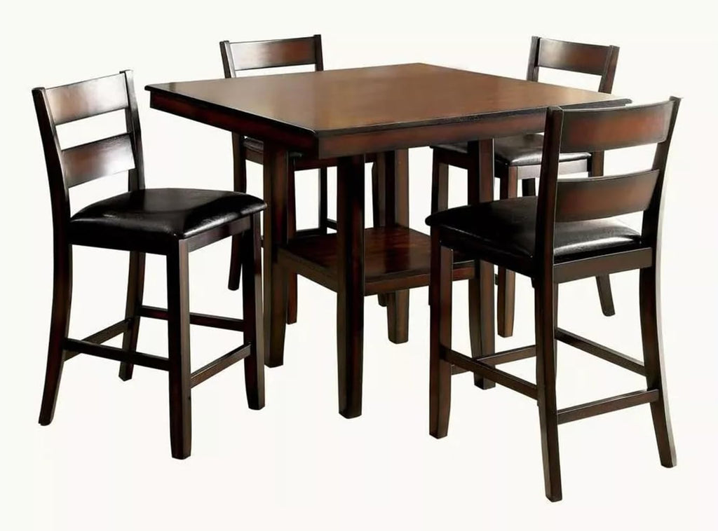Saranya 18 Shop Brown Cherry Storage Dining Table 5pc Set Counter Height Wooden 4X High Chairs Cushion seat Shelf Shelves Furniture Room Kitchen New Modern Home 40" L x 40" W x 36" H of Set
