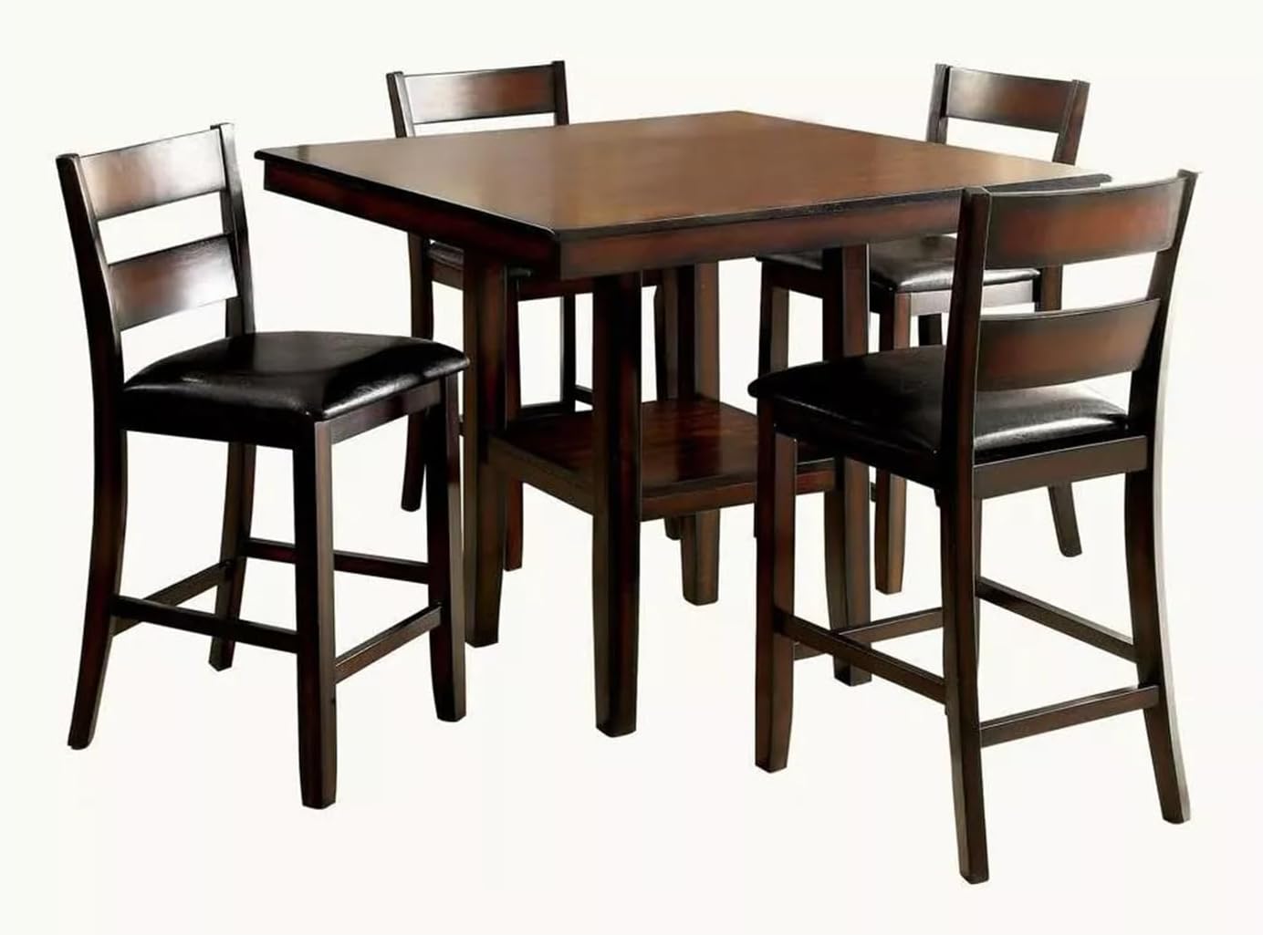 Saranya 18 Shop Brown Cherry Storage Dining Table 5pc Set Counter Height Wooden 4X High Chairs Cushion seat Shelf Shelves Furniture Room Kitchen New Modern Home 40" L x 40" W x 36" H of Set