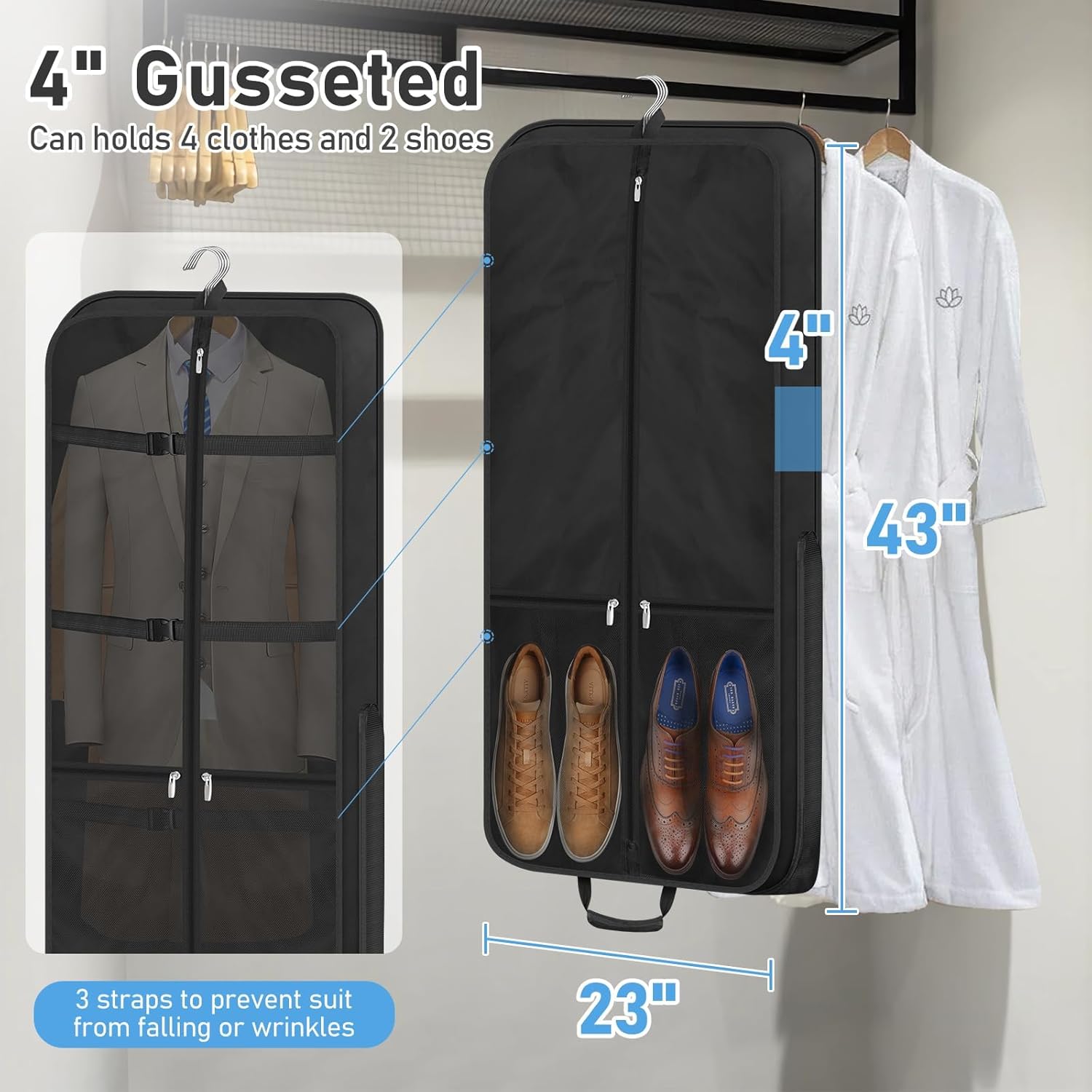 Carry On Garment Bag for Travel with Shoulder Strap, Waterproof Suit Cover with 3 Pockets, Black N3900