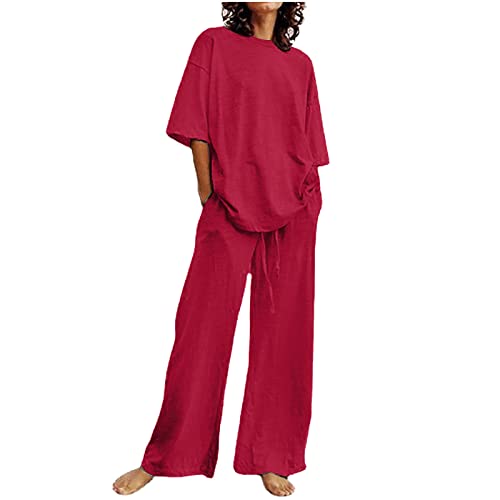 Two Piece Sets for Women Summer Linen Short Sleeve Tops Wide Leg Pants Lounge Matching Sets Tracksuit Trendy Outfits