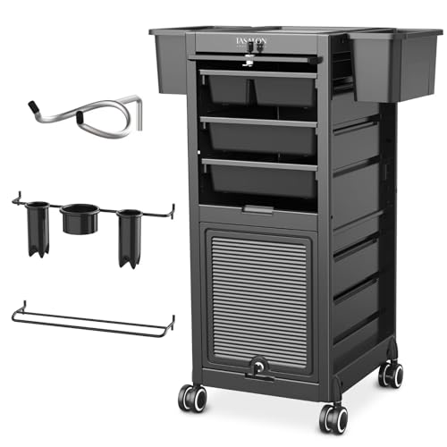 TASALON Lockable Beauty Salon Cart - Salon Stations for Hair Stylist, Salon Trolley with 6 Drawers and Tool Holders, Rolling Cart with Wheels, Lock and Door, Tool Cart for Barber Station, Pink