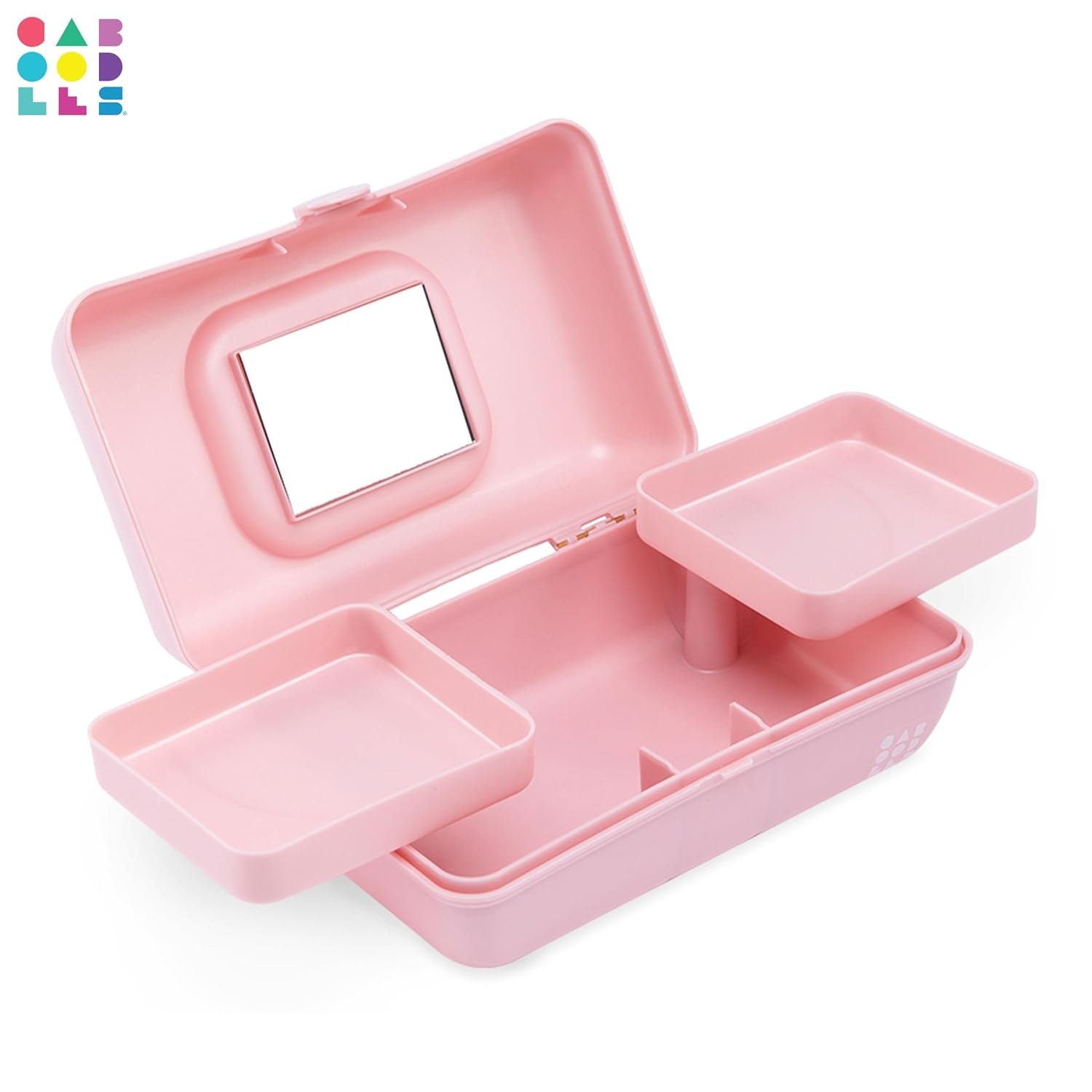 Makeup Box with 2 Swivel Trays and Mirror, Pink Sparkle, Hard Plastic Travel Organizer M889513