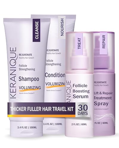 Keranique Volumizing Hair Products Set for Thinning Hair - Thickening Shampoo and Conditioner, Follicle Booster Hair Serum, Volumizing Spray - Fine Hair Texture Boost and Repair with Keratin for Women